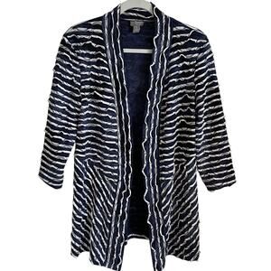 Chico’s Travelers Textured Striped Open Cardigan Sz M Striped Blue White Unique